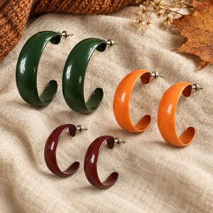 Vintage 80s Hoop Earrings Set 3 Pairs  Dark Green Orange Brown Retro Pierced NWT